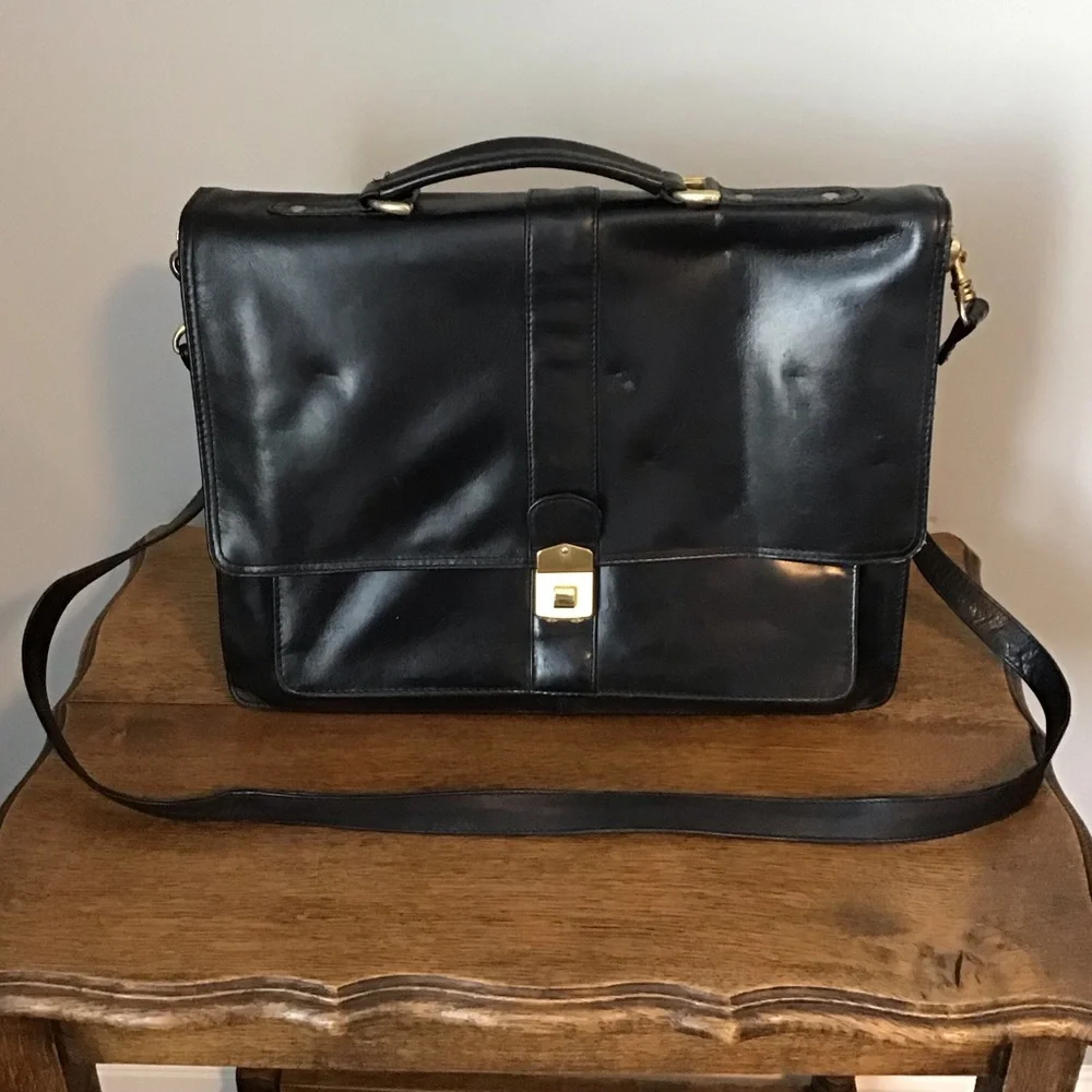 Large Black Leather Unisex Briefcase